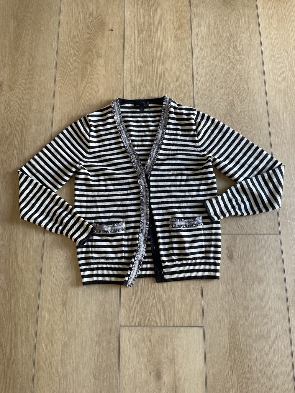 100 % Wool J.Crew Striped Harlow Cardigan in Gray & White